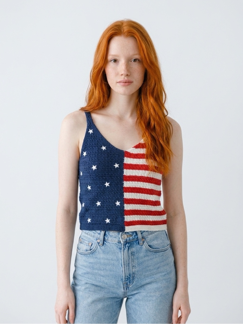 moon & madison Red White & Blue Cropped Top Knit Stars & Stripes July 4th Tank